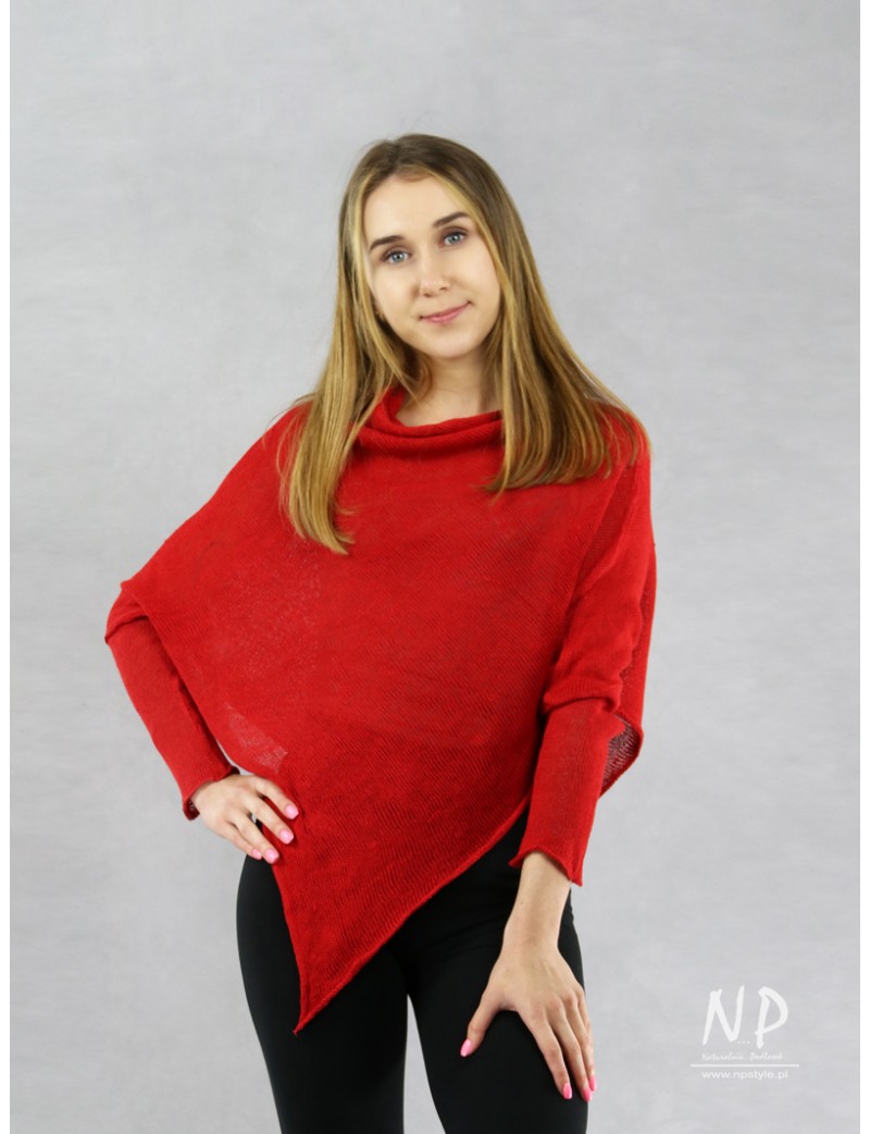 Red poncho blouse with sleeves made of hand-made linen knit NP