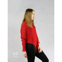 Red poncho blouse with sleeves made of hand-made linen knit NP