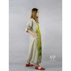 Long oversize dress, made of natural linen, decorated with hand-painted sunflowers