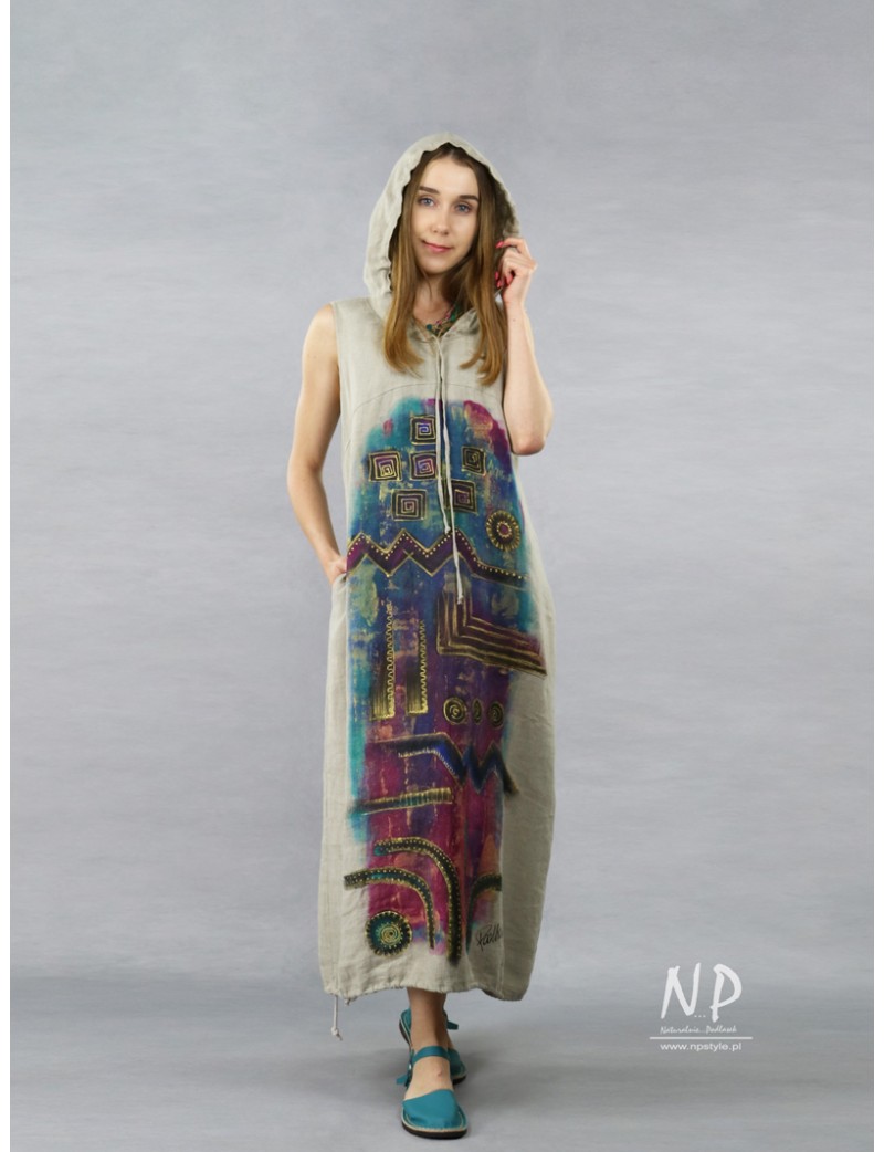 Long linen dress with NP hood, decorated with hand-painted abstraction