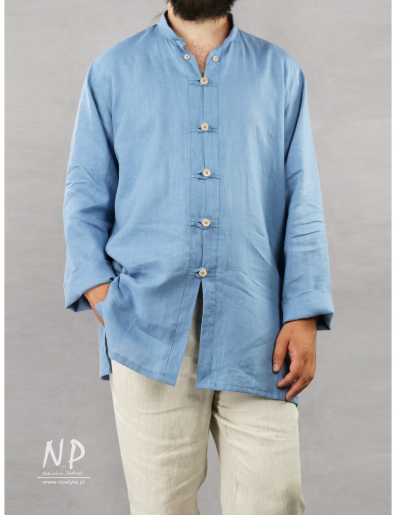 Blue linen shirt with a stand-up collar