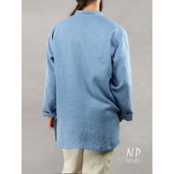 Blue linen shirt with a stand-up collar