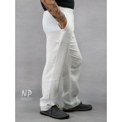 Men's white linen trousers with an elasticated belt