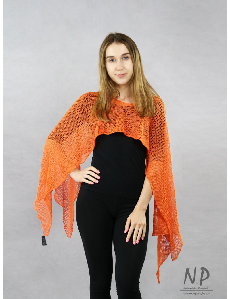 Orange women's multifunctional linen scarf made of handmade knitted fabric