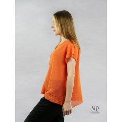 Luźna sweterkowa bluzka z lnu z krótkim rękawem w kolorze pomarańczowym,  ozdobiona mereżką