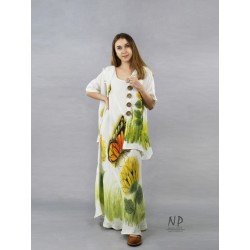 Lniana sukienka na ramiączkach ecru, ręcznie malowana w słoneczniki i motyla, uszyta ze skosu.