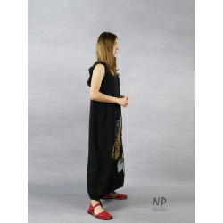 Black loose linen dress with an oversize hood, decorated with a hand-painted butterfly