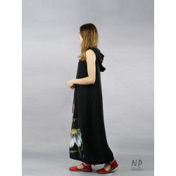 Black loose linen dress with an oversize hood, decorated with a hand-painted butterfly