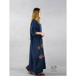 Maxi oversize linen dress in navy blue color, decorated with hand-painted flowers