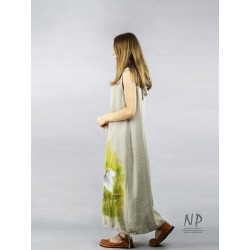Long linen dress with a hood in the color of natural linen, decorated with hand-painted flowers and a butterfly