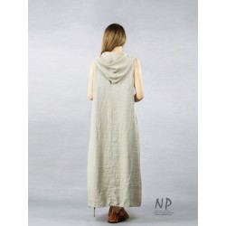 Long linen dress with a hood in the color of natural linen, decorated with hand-painted flowers and a butterfly