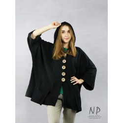 Oversized black linen jacket with a hood, made in the form of a poncho