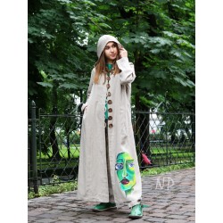 A long women's coat made of natural linen, decorated with a hand-painted face.