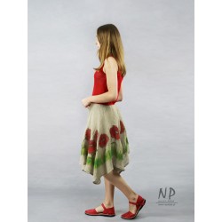 Red linen dress with straps, with a flared bottom, decorated with hand-painted poppies