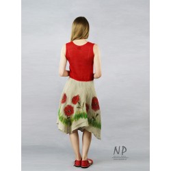Red linen dress with straps, with a flared bottom, decorated with hand-painted poppies