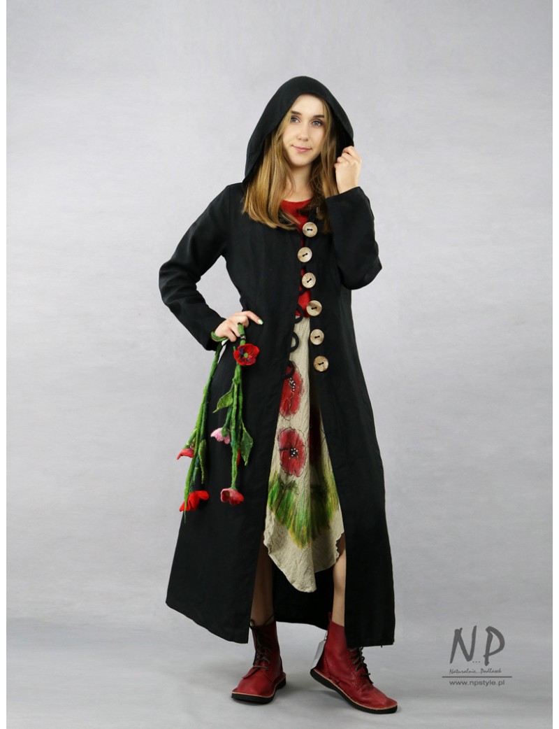 Long black coat with a hood made of linen