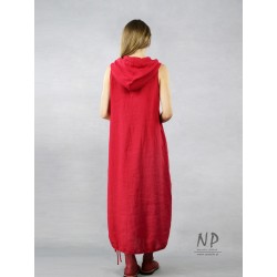 Red loose linen dress with an oversize hood, decorated with a hand-painted face