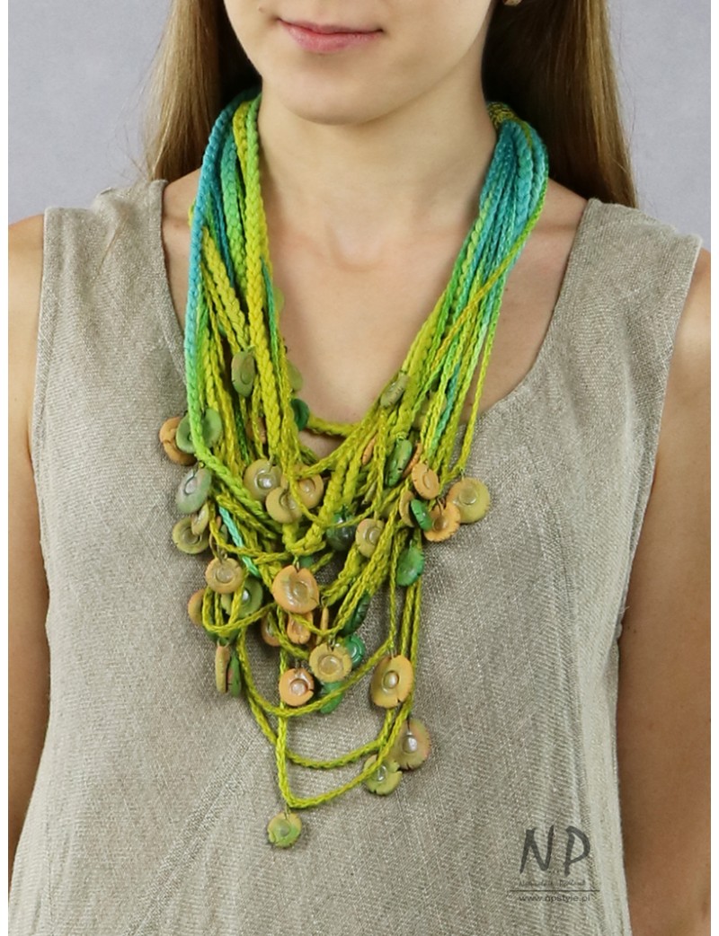 Handmade yellow-green-turquoise necklace, made of linen and cotton strings, decorated with ceramic beads
