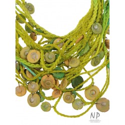 Handmade yellow-green-turquoise necklace, made of linen and cotton strings, decorated with ceramic beads