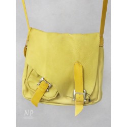Hand-sewn yellow large leather handbag with an adjustable strap