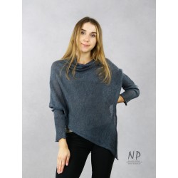 Gray poncho blouse with sleeves made of hand-made linen knit NP