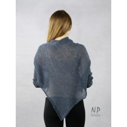 Gray poncho blouse with sleeves made of hand-made linen knit NP