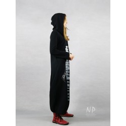 Hand-painted long black dress with a hood, made of knitted cotton