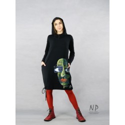 Hand-painted short black dress with a hood, made of knitted cotton