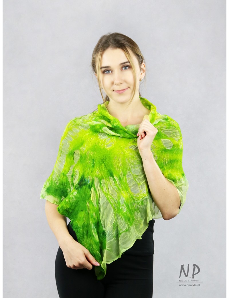 Colorful poncho, silk scarf, delicately felted with merino wool