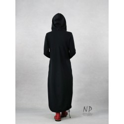 Hand-painted long black dress with a hood, made of knitted cotton