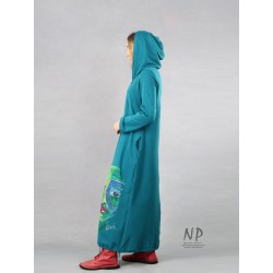 Hand-painted maxi dress with a hood in a sea color, made of cotton fabric