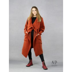 Ginger, asymmetrical steamed wool coat with a large collar