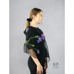 Black silk airy scarf, decorated with hand-felted purple flowers