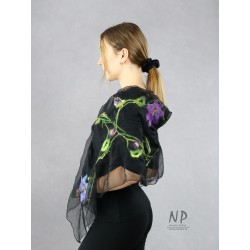 Black silk airy scarf, decorated with hand-felted purple flowers