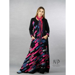 Long, knitted black patchwork dress with the addition of colorful pieces of fabric