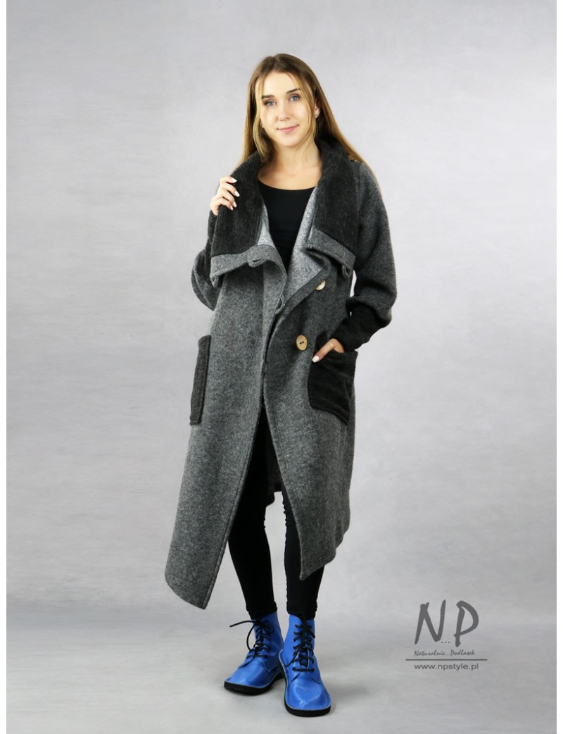 Gray asymmetrical steamed wool coat with a large collar