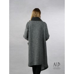 Gray asymmetrical steamed wool coat with a large collar