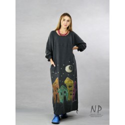Gray, knitted oversize dress, decorated with hand-painted houses