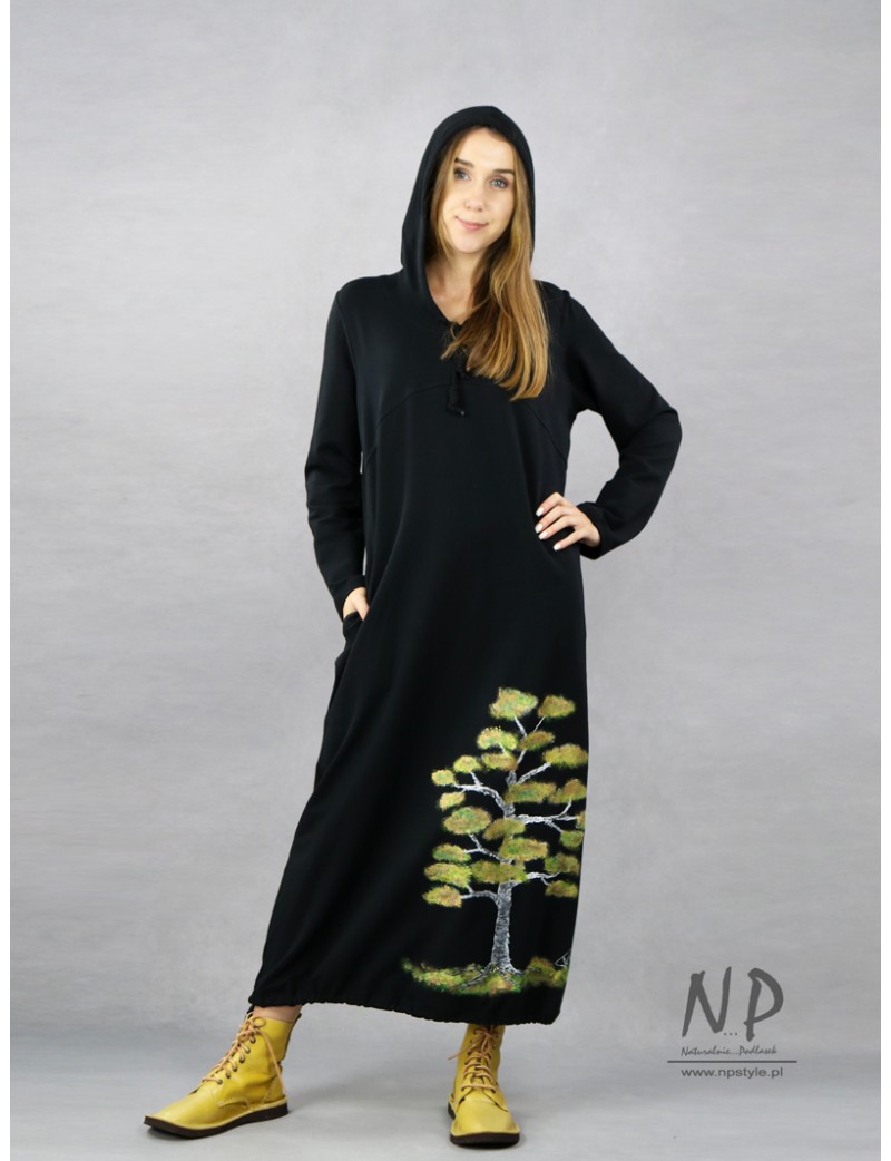 Black knitted dress with a hood, decorated with a hand-painted tree