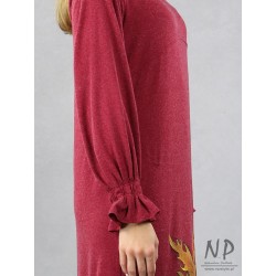 Long, burgundy knitted turtleneck dress, decorated with hand-painted leaves