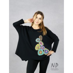 Hand-painted black women's oversize blouse with asymmetrical hem and low sewn sleeves
