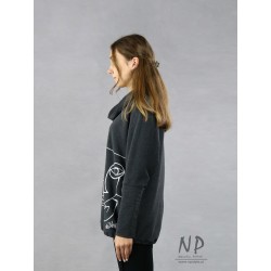 Hand painted gray women's turtleneck blouse with low sewn sleeves