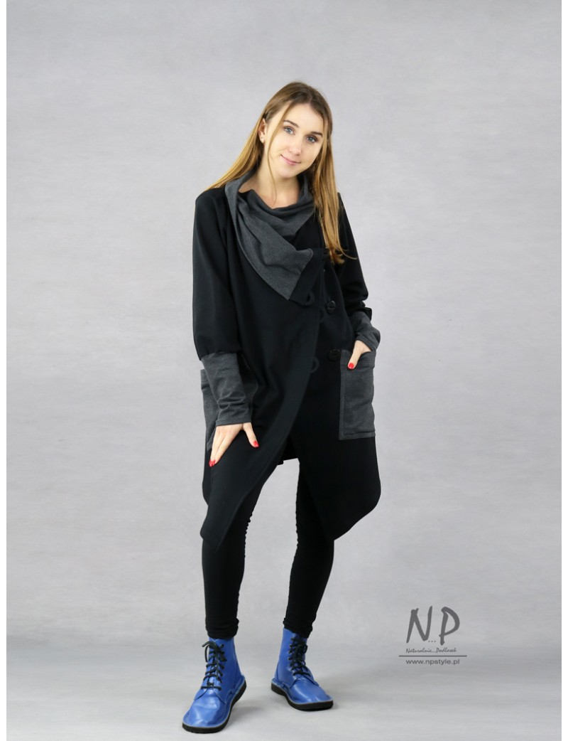 Black oversized long asymmetrical women's sweatshirt with a large collar
