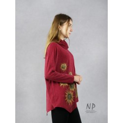 Hand-painted burgundy oversize women's blouse with an asymmetrical hem.