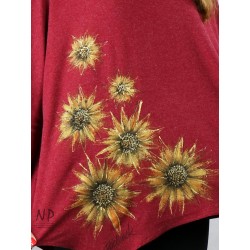 Ręcznie malowana bordowa damska bluzka oversize z asymetrycznym dołem