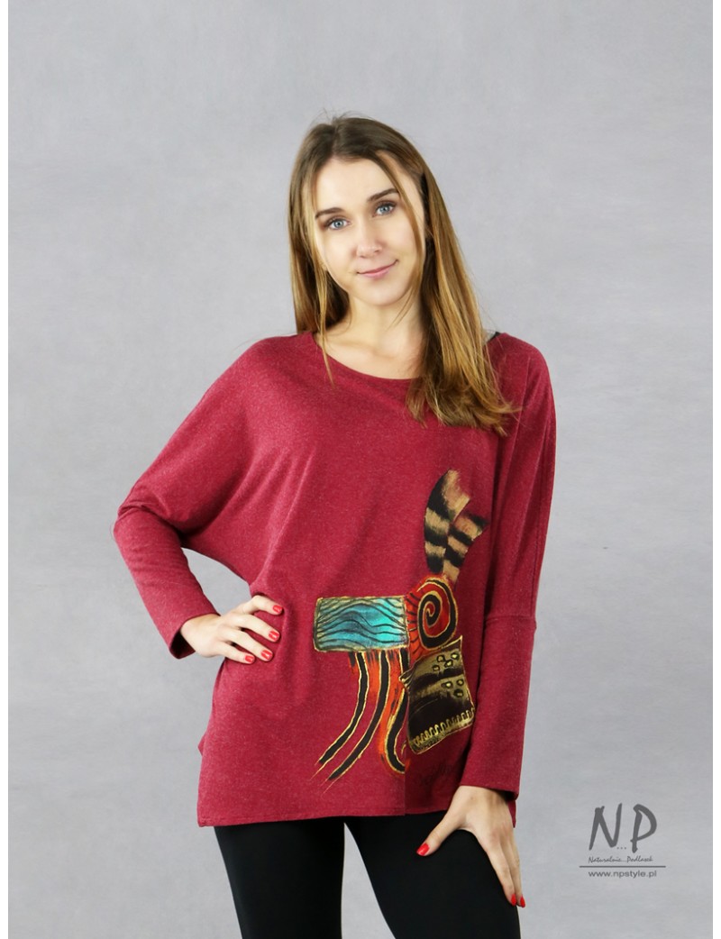 Ladies' maroon oversize blouse with an asymmetrical hem, decorated with hand-painted patterns.