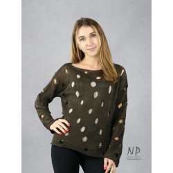 A brown linen sweater with holes for women.