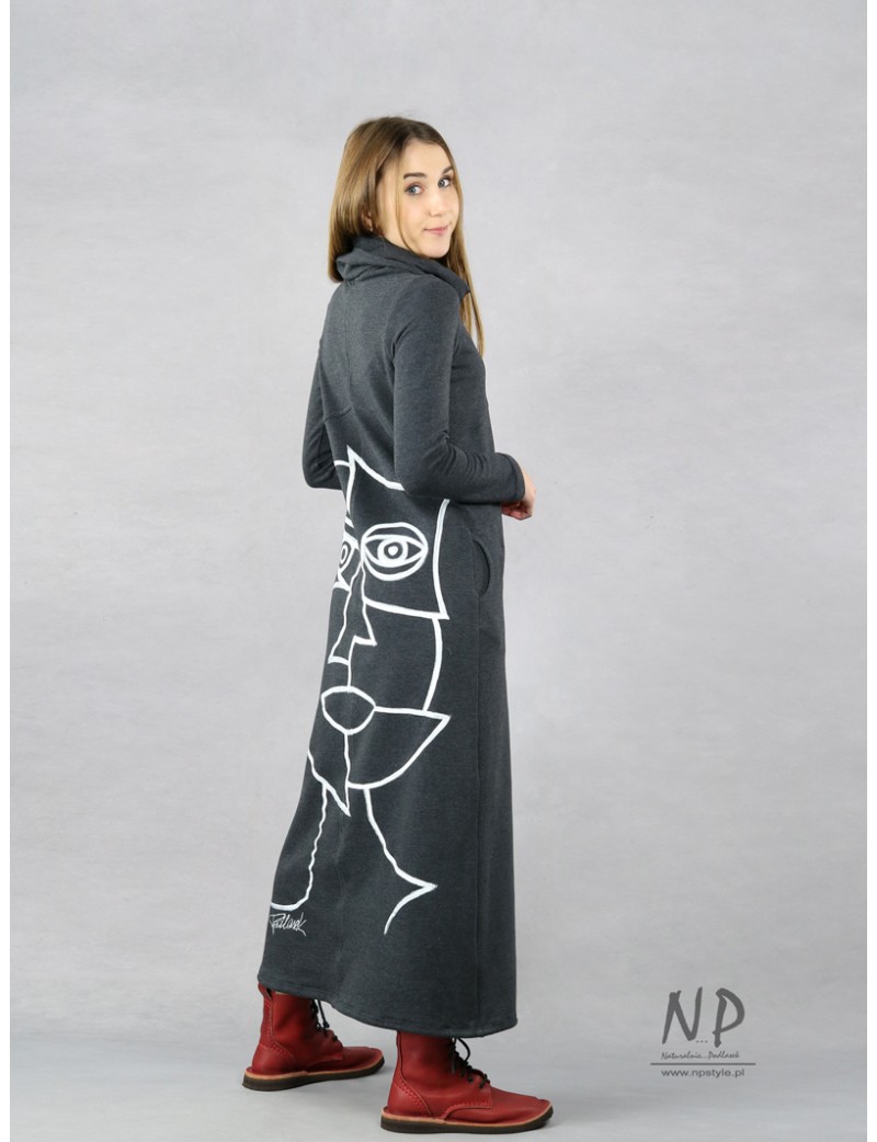 Gray turtleneck knitted dress, decorated with a hand-painted face