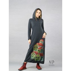 Maxi dress with a hood in gray color, made of knitted cotton, decorated with hand-painted house