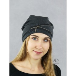 Gray knitted cotton cap with a sewn-on zipper
